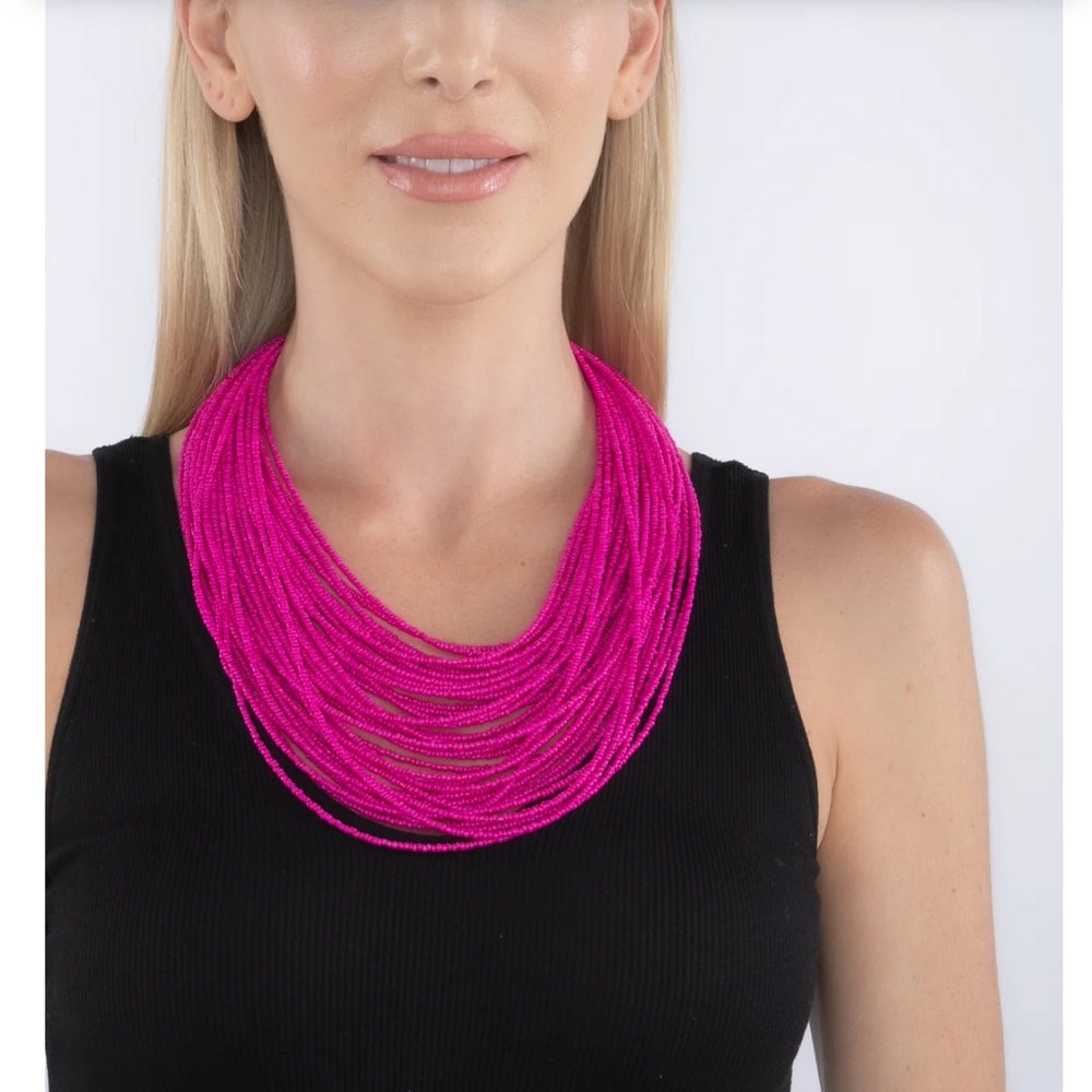Eyecandy Multi-Strand Hot Pink Seed Bead Necklace - Women Jewelry